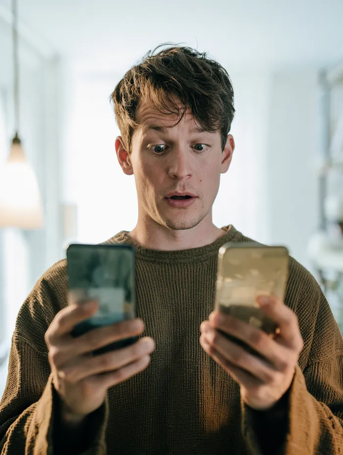 American man comparing possible loan app offers on two phone screens