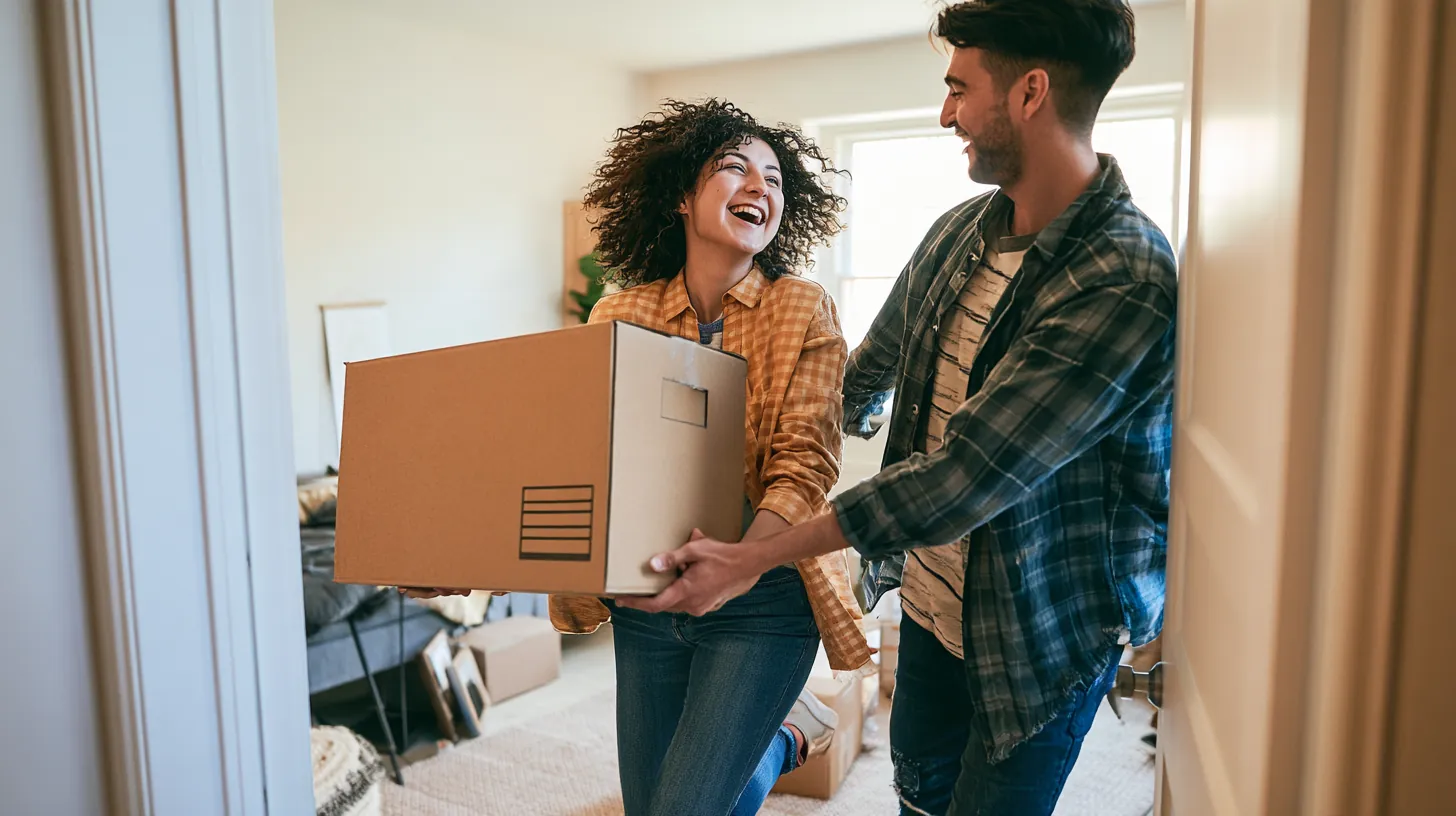 Young American couple carrying boxes into a new apartment after a moving loan