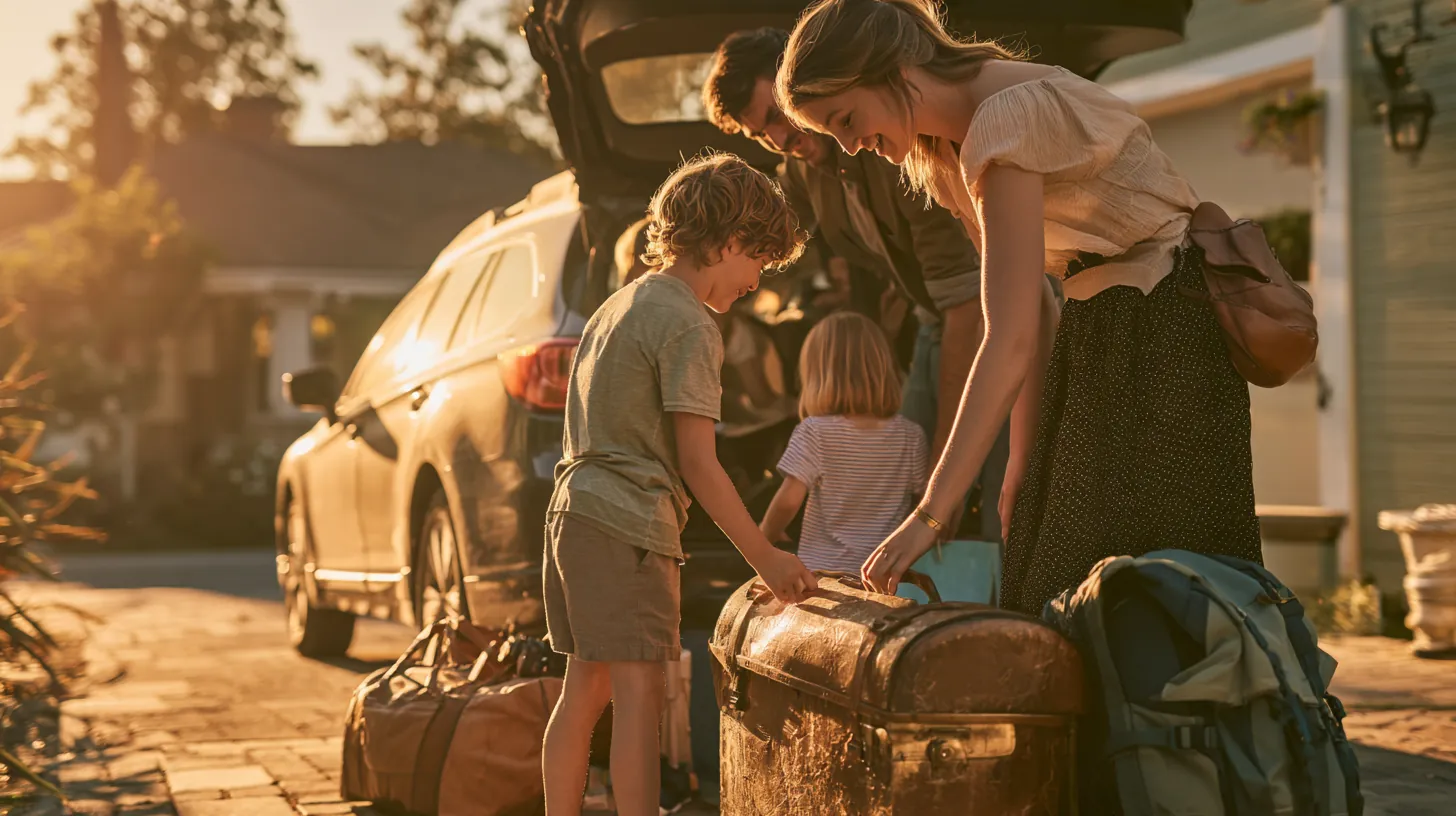 American family loading suitcases for a trip funded by a vacation loan